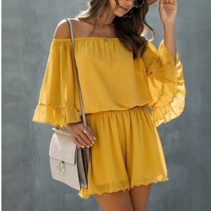 Mustard Off The Shoulders Ruffle Romper